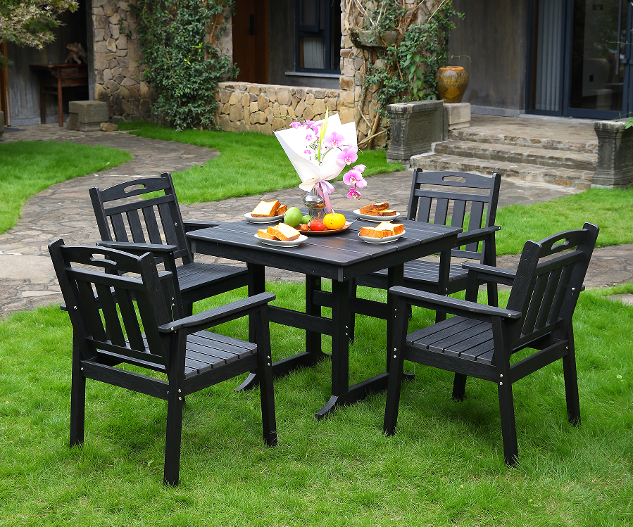 HDPE dış mekan yemek sandalyesi 4 sandalye + kare masa seti siyah dikey sırtlık